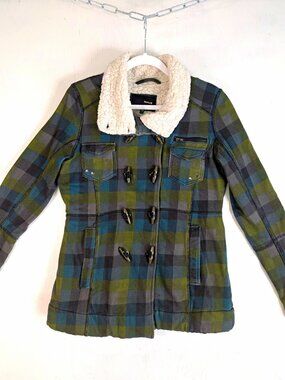 Hurley Womens XS Plaid Toggle Coat Sherpa Collar Lined Jacket Green Blue Gray